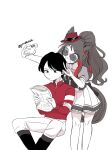  1boy 1girl :d animal_ears black_boots black_hair book boots cellphone ears_through_headwear fedora forever_young_(umamusume) greyscale hat highres holding holding_book holding_phone horse_ears horse_girl long_hair monochrome pants phone pleated_skirt ponytail poteo_(poteo_mot) puffy_short_sleeves puffy_sleeves racing_colors reading real_life sailor_collar sailor_shirt sakai_ryusei school_uniform selfie shirt short_hair short_sleeves simple_background skirt smartphone smile spot_color sunglasses thighhighs tracen_school_uniform twitter_username umamusume v white_background white_pants white_skirt white_thighhighs 