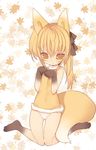  1girl animal_ears animal_tail background blade_(galaxist) blonde_hair child fox_ears fox_tail fur hair_ribbon kneeling ribbon tail underwear yellow_eyes 