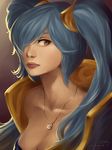  aqua_hair artist_request bangs hair_over_one_eye highres jewelry league_of_legends necklace sona_buvelle yellow_eyes 