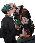  2boys aged_up bakugou_katsuki between_legs black_boots black_jacket black_mask black_pants blonde_hair blue_necktie boku_no_hero_academia boots carrying carrying_under_arm chiyaya clothes_grab collared_shirt colored_shoe_soles explosive eye_contact eye_mask face-to-face film_grain freckles from_side gloves green_eyes green_gloves green_hair grenade grey_shirt hand_between_own_legs hand_rest hand_up high_collar highres jacket kiss knee_boots knee_pads long_sleeves looking_at_another male_focus mask midoriya_izuku multicolored_gloves multiple_boys necktie necktie_grab neckwear_grab orange_gloves pants pants_tucked_in pocket profile scar scar_on_cheek scar_on_face shirt short_hair simple_background single_horizontal_stripe slav_squatting spiked_hair squatting sweat two-sided_gloves two-tone_gloves white_background yaoi yellow_eyes 