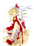  ascot bad_id bad_pixiv_id blonde_hair bloomers blush flandre_scarlet hat hat_ribbon kawahara_fantasia looking_away mary_janes open_mouth red_eyes ribbon shoes short_hair side_ponytail skirt skirt_set smile socks solo touhou underwear upskirt wall wings wrist_cuffs 