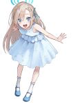  1girl :d absurdres aged_down alternate_costume aoi_riko asuna_(blue_archive) asymmetrical_bangs blonde_hair blue_archive blue_dress blue_eyes blue_halo blue_ribbon blue_shoes blush breasts commentary dress full_body hair_over_one_eye hair_ribbon halo highres leaning_forward long_hair looking_at_viewer ribbon shoes simple_background small_breasts smile solo teeth upper_teeth_only white_background 