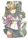  1girl ahoge animal_ear_fluff animal_ears bag black_skirt blonde_hair blue_eyes blue_necktie blush border breasts city cyberpunk dated day elbow_carry eyeshadow fingernails floating_hair fox_ears fox_girl fur_strap handbag highres holding industrial industrial_pipe jacket long_fingernails looking_at_viewer makeup making-of_available marker_(medium) medium_breasts meiz miniskirt necktie original outdoors outline painting_(medium) panties panty_peek pink_jacket pink_panties pleated_skirt purple_shirt red_eyeshadow red_lips shirt signature skindentation skinny skirt thighhighs thighs traditional_media twintails underwear v vest watercolor_(medium) wavy_hair white_border white_outline white_vest wind wind_lift 