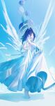  1girl absurdres balloon bare_shoulders barefoot blue_hair blue_sky breasts chain chain_headband closed_eyes cloud commentary day dress facing_viewer fanged_bangs feathered_wings floomf full_body hair_intakes halo hand_fan highres holding_own_dress hololive hololive_english long_dress mechanical_halo medium_breasts open_mouth ouro_kronii outdoors short_hair sky sleeveless sleeveless_dress smile solo tiptoes virtual_youtuber white_dress wings 