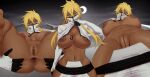  1girl absurdres anus ass bleach blonde_hair breasts dark-skinned_female dark_skin from_below green_eyes highres huge_breasts long_eyelashes long_hair looking_at_viewer moon multiple_views nipples outdoors pussy revealing_clothes serious spageta spread_ass spread_legs tattoo thick_thighs thighs tier_harribel wide_hips 