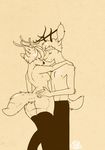  anthro antlers breasts butt cervine couple cute deer duo embrace eyes_closed female floebean horn kaia legwear male mammal side_boob socks stockings topless 