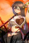  bandages black_hair blush chocolate chocolate_heart grass hair_ornament heart highres kneeling long_hair looking_away midriff momohime_ryouran!_sengoku_asuka mossari_poteto navel open_mouth polearm red_eyes sky solo spear thighhighs weapon 