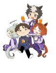  1boy 3girls animal_ears black_boots black_jacket blue_pants boots bow bowtie brown_hair brown_shoes closed_eyes crossed_legs cup drinking_glass grey_hair highres holding holding_cup horse_ears horse_girl jacket loafers long_sleeves mejiro_ryan_(umamusume) multicolored_hair multiple_girls pants poteo_(poteo_mot) purple_shirt purple_skirt purple_thighhighs real_life sailor_collar sailor_shirt sakura_laurel_(umamusume) school_uniform seiun_sky_(umamusume) shirt shoes short_hair simple_background skirt thighhighs tracen_school_uniform twitter_username two-tone_hair umamusume white_background white_bow white_bowtie white_hair yokoyama_norihiro 