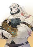  1boy abs animal_ears anshot_(furrybar) bara bear_boy bear_ears beard bicep_strap black_male_underwear braid chest_hair claw_(weapon) claws closed_mouth cross_scar facial_hair fang fang_out furry furry_male furrybar highres male_focus male_underwear multiple_scars muscular muscular_male navel no_pants no_shirt pectorals runes scar scar_on_arm scar_on_cheek scar_on_chest scar_on_face scar_on_mouth scar_on_shoulder scar_on_stomach scar_on_thigh smile topless_male underwear wang_yzzx weapon 
