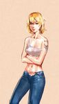  blonde_hair bow_(bhp) breasts crossed_arms denim green_eyes highres jeans navel original panties pants short_hair small_breasts solo strap_slip tank_top tattoo unbuttoned underwear 