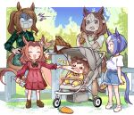  aged_down animal_ears baby blue_hair brown_hair buena_vista_(umamusume) carrot casual cesario_(umamusume) cheek_pinching commentary_request crying food full_body horse_ears horse_girl horse_tail kawakami_princess_(umamusume) king_halo_(umamusume) korean_commentary pinching purple_eyes sbql_(niaunclefan) shorts special_week_(umamusume) standing surprised tail tears turn_pale umamusume wide-eyed 