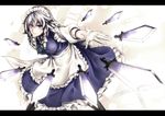  apron blue_dress blue_eyes braid brooch clock dress gloves hair_ribbon highres izayoi-saki izayoi_sakuya jewelry knife letterboxed maid maid_headdress outstretched_arm puffy_sleeves ribbon short_sleeves silver_hair solo throwing_knife touhou twin_braids waist_apron weapon white_gloves 