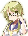  adjusting_eyewear bespectacled blonde_hair glasses hair_over_shoulder ichii_yui long_hair low_twintails miiyon open_mouth school_uniform school_uniform_(yuyushiki) serafuku solo twintails upper_body white_background yellow_eyes yuyushiki 