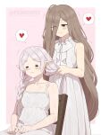  2girls absurdres bare_shoulders blush border braid braiding_another's_hair brown_eyes brown_hair chair commentary dress earrings elf fenqury frieren heart highres jewelry light_smile long_hair long_pointy_ears looking_at_another multiple_girls outside_border pointy_ears sense_(sousou_no_frieren) sitting smile sousou_no_frieren spoken_heart standing sweat very_long_hair white_border white_dress white_hair wooden_chair 