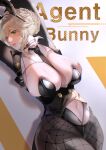  1girl ade_(agent_bunny)_(nikke) ade_(nikke) animal_ear_hairband animal_ears arms_up artist_name asahinasae between_breasts black_coat black_jacket black_leotard black_necktie black_pantyhose blonde_hair blush braid breasts bun_with_braided_base cleavage clothes_between_breasts clothing_cutout coat commentary detached_collar english_commentary eyewear_hang fake_animal_ears fishnet_pantyhose fishnets goddess_of_victory:_nikke green_eyes hair_between_eyes hair_bun hair_intakes hair_ornament hairband highres jacket large_breasts leotard long_sleeves lying navel navel_cutout necktie necktie_between_breasts official_alternate_costume on_back pantyhose parted_lips playboy_bunny rabbit_ear_hairband rabbit_ears shadow sidelocks solo swept_bangs undersized_breast_cup unworn_eyewear watermark 