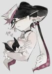  1girl annoyed arms_under_breasts black_dress black_hair bow-shaped_hair breasts callie_(splatoon) callie_(squid_sisters_outfit)_(splatoon) closed_mouth collar commentary_request cropped_torso cross-shaped_pupils crossed_arms detached_collar dress earrings glaring gloves gradient_hair hair_ornament half-closed_eyes inkling jewelry long_hair long_pointy_ears looking_at_viewer medium_breasts mole mole_under_eye multicolored_hair pale_skin pink_hair pointy_ears simple_background solo splatoon_(series) strapless strapless_dress sushi_hair_ornament symbol-shaped_pupils tentacle_hair togetoge very_long_hair white_background white_collar white_gloves yellow_eyes 