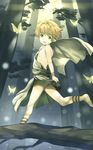  bad_id bad_pixiv_id barefoot blonde_hair bug butterfly elf forest from_behind full_body green_eyes highres insect looking_back male_focus nature open_mouth original pointy_ears robe smile solo tree yuki_(vicious) 