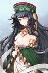  arm_garter black_hair blue_eyes blush bracelet breasts cleavage hand_on_own_chest hat highres jewelry large_breasts long_hair necklace solo sword_girls wooni 