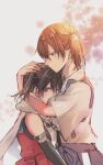  2girls black_hair blue_hakama brown_hair commentary_request hakama hug japanese_clothes kaga_(kancolle) kantai_collection kimono multiple_girls red_shirt rinto_(rint_rnt) sailor_collar scarf sendai_(kancolle) sendai_kai_ni_(kancolle) shirt short_hair side_ponytail sleeveless sleeveless_shirt tasuki two_side_up upper_body white_kimono white_sailor_collar white_scarf 