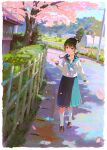  1girl absurdres black_hair black_shoes blue_eyes blue_sailor_collar blue_skirt blue_sky building bush cherry_blossoms commentary_request day feel_(nasitaki) grass highres house loafers long_sleeves mirror open_mouth original outdoors pleated_skirt railing road rural sailor_collar scenery school_uniform serafuku shirt shoes skirt sky smile socks solo spring_(season) traffic_mirror tree walking white_shirt white_socks 