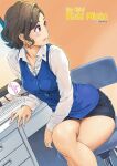 1girl black_skirt blue_vest brown_eyes brown_hat carina_(xiaowoo) chair commentary_request computer_keyboard copyright_name crossed_legs desk earrings eyeliner hat highres jewelry kishi_mieko looking_to_the_side makeup medium_hair miniskirt monitor office_chair office_lady on_chair onna_shunin_kishi_mieko panties panty_peek pink_eyeliner shirt sitting skirt solo speech_bubble swivel_chair translation_request twitter_username underwear vest white_panties white_shirt 