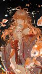  1girl arknights bare_shoulders black_background bow-shaped_hair chinese_clothes chinese_commentary chromatic_aberration closed_mouth commentary_request coral_hair_ornament feet_out_of_frame feixianji_(hairstyle) fish glowing goldfish hair_ornament hair_rings hair_stick hanfu haruka_(arknights) haruka_(stranded_in_utopia)_(arknights) highres light_particles long_hair long_sleeves looking_at_viewer official_alternate_costume pointy_ears smile solo standing very_long_hair wide_sleeves yao_bian_cheng_xiu_goule 