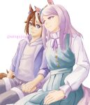  animal_ears aqua_bow aqua_dress bow casual commentary_request couple dress ear_bow ear_ribbon green_dress grey_hoodie high_ponytail highres holding_hands hood hoodie horse_ears horse_girl horse_tail mejiro_mcqueen_(casual)_(umamusume) mejiro_mcqueen_(umamusume) multicolored_hair official_alternate_costume ponytail purple_hair single_hair_streak sleeveless sleeveless_dress streaked_hair tail tokai_teio_(umamusume) umamusume white_background white_streaks wingupingu_(shikishikichan) yuri 