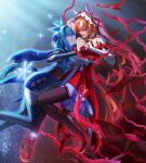  2girls absurdres admire_groove_(glacial_queen)_(umamusume) admire_groove_(umamusume) angry animal_ears black_thighhighs blue_dress blue_hair breasts brown_hair clenched_teeth collarbone commentary_request detached_sleeves dress ear_covers ear_ribbon full_body hair_between_eyes hair_ornament hairband highres holding_hands horse_ears horse_girl horse_tail long_hair medium_breasts multicolored_hair multiple_girls open_mouth pantyhose plant purple_eyes red_dress red_eyes red_hair ribbon rontuta6 short_hair_with_long_locks simple_background small_breasts smile smirk snowflakes still_in_love_(scarlet_vow_raiment)_(umamusume) still_in_love_(umamusume) streaked_hair tail teeth thighhighs thorns umamusume veil vines white_hair white_streaks white_veil 