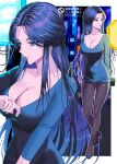  1girl bag black_hair blue_dress blue_eyes blue_nails blue_shoes breasts cleavage collarbone commentary covered_navel dress earrings fishnet_pantyhose fishnets glint half_updo handbag high_heels highres holding holding_bag jaeyun jewelry large_breasts long_hair long_sleeves low_neckline multiple_views nail_polish original pantyhose parted_lips ring shoes short_dress watermark 