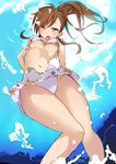  air_bubble bikini breasts breath brown_hair bubble freediving from_below futami_mami idolmaster idolmaster_(classic) laki medium_breasts navel ocean one_eye_closed ponytail solo swimsuit underboob underwater wardrobe_malfunction yellow_eyes 