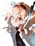  1girl a.i._voice adachi_rei black_shirt chinese_commentary closed_mouth commentary_request expressionless feiwusheng hair_between_eyes hair_ribbon headlamp highres jacket looking_up one_side_up open_clothes open_jacket orange_eyes orange_hair radio_antenna ribbon shirt simple_background solo upper_body utau white_background white_jacket white_ribbon 