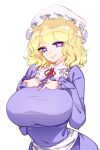  1girl alternate_breast_size_(larger) breasts closed_mouth collared_dress commentary_request dress hat highres huge_breasts long_sleeves looking_at_viewer maribel_hearn medium_hair mob_cap neck_ribbon purple_dress purple_eyes raptor7 red_ribbon ribbon ribbon-trimmed_collar ribbon_trim simple_background smile solo touhou white_background white_hat 