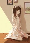  bow brown_eyes brown_hair cherry collarbone cotta dress flat_chest food fruit hair_bow hairband kneehighs nipples original painting_(object) see-through sitting solo v_arms wariza white_legwear 