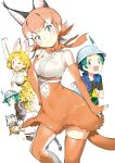  1boy 4girls 5girls :d ;d animal_ears arm_up bag bare_shoulders belt black_hair blonde_hair blue_eyes blue_vest blush bow bowtie breasts brown_bow brown_bowtie brown_hair caracal_(kemono_friends) center_frills elbow_gloves eurasian_eagle_owl_(kemono_friends) extra_ears frills fur_collar gloves green_eyes green_hair grey_hair hand_on_own_hip hat hat_feather helmet high-waist_skirt highres kaban_(kemono_friends) kemono_friends kemono_friends_2 kyururu_(kemono_friends) looking_at_viewer multicolored_hair multiple_girls naitou_ryuu necktie northern_white-faced_owl_(kemono_friends) official_art one_eye_closed open_mouth orange_bow orange_bowtie orange_hair orange_skirt pantyhose pith_helmet print_bow print_bowtie print_gloves print_skirt print_thighhighs serval_(kemono_friends) shirt short_hair shorts simple_background skirt sleeveless sleeveless_shirt smile tail thighhighs traditional_bowtie two-tone_bow two-tone_bowtie vest white_background white_bow white_bowtie white_hair white_shirt yellow_bow yellow_bowtie yellow_eyes zettai_ryouiki 
