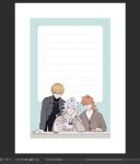  3boys animal_print blonde_hair bored brown_sweater fate/grand_order fate_(series) gilgamesh_(caster)_(fate) gilgamesh_(fate) green_eyes hand_rest head_rest highres leopard_print long_sleeves merlin_(fate) multiple_boys nervous open_clothes open_shirt orange_hair purple_eyes red_eyes romani_archaman selfie smile someki_noi sweater turtleneck upper_body v 