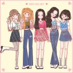  5girls blonde_streaks blue_eyes blunt_bangs bob_cut boots brown_hair cardigan commentary denim double_v fishnet_pantyhose fishnets green_eyes highres irene_(red_velvet) jeans joy_(red_velvet) long_hair multicolored_hair multiple_girls one_eye_closed open_mouth orange_hair pants pantyhose pink_cardigan red_velvet_(group) seulgi_(red_velvet) short_sleeves skirt smile standing standing_on_one_leg streaked_hair twintails v wendy_(red_velvet) white_boots wshanshanz yeri_(red_velvet) 