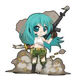  1girl aqua_eyes bandaged_leg bandages bare_shoulders belt belt_buckle belt_pouch black_boots black_outline blush boots brown_gloves buckle bullet chibi chibi_only closed_mouth dirty dirty_clothes dirty_face dust_cloud floating_hair frown full_body game_asset glint gloves green_belt green_pants gun hatsune_miku hatsune_miku_graphy_collection headset holding holding_gun holding_knife holding_weapon knife lace-up_boots long_hair looking_at_viewer navel outline pants pouch rifle solo standing stomach tank_top torn_clothes torn_pants torn_tank_top transparent_background v-shaped_eyebrows vocaloid weapon white_tank_top 