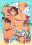  1boy 1girl abs beach_umbrella bikini black_bikini breasts brown_eyes brown_hair clenched_teeth cowboy_shot doodle_inset drawstring earrings eyewear_on_head fish_(symbol) grin heart highres holding_sunscreen jewelry leaf_print looking_to_the_side male_swimwear medium_breasts nail_polish navel nipples one_eye_closed orange_nails original palm_tree pectorals sagami_jon shiny_skin short_hair skindentation smile summer sun_symbol swim_trunks swimsuit teeth tied_drawstring tree umbrella underboob water_drop wet 