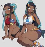  1girl absurdres aqua_eyes armlet bikini black_bikini black_hair crop_top dark-skinned_female dark_skin earrings flowerpigeon frown grey_hair hair_bun highres hoop_earrings jewelry long_hair looking_to_the_side multiple_views navel necklace nessa_(pokemon) pokemon pokemon_sword_and_shield sandals side-tie_bikini_bottom simple_background single_hair_bun sitting smile swimsuit tank_top yokozuwari 