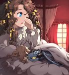  bed blanket blonde_hair blue_eyes blush brown_hair character_request curtains doll dragon hair_ribbon long_hair one_eye_closed ribbon solo sword_girls tears waking_up window wings wooni yellow_eyes 