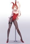  1girl 777nasu animal_ear_hairband animal_ears arisugawa_natsuha arm_up black_pantyhose bow bowtie breasts commentary covered_navel detached_collar fake_animal_ears fishnet_pantyhose fishnets full_body garter_belt hairband hand_on_own_hip highres idolmaster idolmaster_shiny_colors leotard looking_at_viewer nail_polish nontraditional_playboy_bunny one_eye_closed pantyhose pole rabbit_ear_hairband rabbit_ears red_bow red_bowtie red_hairband red_leotard red_nails solo standing stripper_pole untranslatable_commentary white_wrist_cuffs wrist_cuffs 