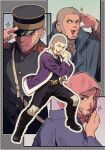  1boy asymmetrical_hair black_eyes buzz_cut commentary_request crossdressing crossdressing_(mtf) facial_hair golden_kamuy grey_hair hat headscarf highres itobi24 jacket kepi male_focus military_hat military_uniform multiple_views open_mouth pants shiraishi_yoshitake shirt short_hair sideburns smile solo_focus very_short_hair 