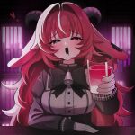  1girl :d absurdres animal_ears bell black_bow black_bowtie black_eyes blush bow bowtie breasts commentary_request cup desk drink femme_soule gloves goat_ears goat_horns hair_intakes half-closed_eyes highres holding holding_cup horns incoming_drink indoors korean_commentary looking_at_viewer lorian_(ahrs3558) medium_breasts multicolored_hair neck_bell open_mouth pukey_goddess_shot_trick red_eyes red_hair saliva saliva_trail shirt sidelocks sitting smile solo streaked_hair white_gloves white_shirt white_streaks 