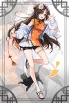  1girl bike_shorts black_cat black_hair blush breasts brown_hair cat china_dress chinese_clothes commentary_request dress flower full_body hair_bun hair_flower hair_ornament hand_fan highres holding holding_fan jacket long_hair long_sleeves looking_at_viewer nail_polish off_shoulder open_clothes open_jacket open_mouth orange_dress orange_eyes original red_nails sandals shinishi_chiho short_sleeves skirt small_breasts smile socks thigh_strap toeless_legwear toeless_socks toenail_polish toenails waving white_skirt white_socks wind 