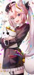  1girl absurdres animal_ear_fluff animal_ears black_dress black_thighhighs cat_ears cat_girl cat_tail confetti dress eyepatch garter_straps goro_(nyatasha_nyanners) hat highres indie_virtual_youtuber looking_at_viewer military_dress_uniform military_uniform mozzu123 nyatasha_nyanners nyatasha_nyanners_(commander_cat) open_mouth party_popper pink_hair pink_tail purple_eyes tail thighhighs virtual_youtuber 