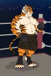anthro bandage bandaged_foot boxing boxing_attire boxing_gloves boxing_shorts clothing epic_games felid fighting_ring fortnite fur handwear hi_res humanoid jagerwolf12 male mammal orange_body orange_fur oscar_(fortnite) pantherine solo sport stripes tiger