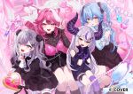  4girls :d animal_ears arm_warmers asymmetrical_legwear black_arm_warmers black_bow black_bowtie black_dress black_shirt black_skirt black_socks black_thighhighs blue_eyes blue_hair blue_shirt blue_streaks bow bowtie braid center-flap_bangs commentary_request copyright_notice couch double-parted_bangs dress frilled_dress frills grey_hair hair_between_eyes hair_ornament hairclip hololive hololive_indonesia indoors jiu_(jiwoo_owo9) juliet_sleeves kneehighs la+_darknesss lace_shirt long_hair long_sleeves looking_at_viewer miniskirt multicolored_hair multiple_girls no_pants official_art on_couch open_mouth panther_ears panther_girl panther_tail pink_hair pointy_ears puffy_sleeves purple_socks purple_streaks purple_thighhighs raora_panthera shirt sidelocks simple_background single_kneehigh single_off_shoulder single_sock single_thighhigh sitting skirt smile socks streaked_hair tail thighhighs twin_braids two_side_up uneven_legwear very_long_hair vestia_zeta virtual_youtuber white_streaks yellow_eyes yukihana_lamy 