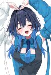  1girl ^_^ absurdres asymmetrical_sleeves black_hair black_vest blue_hair blue_necktie blue_shirt blue_sleeves blue_vest closed_eyes collared_shirt colored_inner_hair commentary detached_sleeves facing_viewer fangs hair_intakes heart_arms highres hololive hololive_english long_hair mismatched_sleeves mogu_(au1127) multicolored_hair necktie official_alternate_costume official_alternate_hairstyle open_mouth ouro_kronii ouro_kronii_(4th_costume) shirt sidelocks simple_background smile solo two-tone_hair two-tone_vest upper_body vest virtual_youtuber white_background white_sleeves 