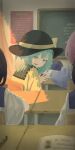  4girls absurdres black_hat blue_shirt bow chair chalkboard chinese_commentary classroom commentary_request contemporary desk green_eyes green_hair hat hat_bow highres indoors joblack komeiji_koishi komeiji_satori looking_at_viewer multiple_girls on_chair open_mouth pink_hair school_chair school_desk shirt siblings sisters sitting smile solo_focus sunlight touhou waving yellow_bow yellow_shirt 