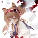  1girl alternate_costume alternate_eye_color angelina_(arknights) animal_ears arknights blue_collar blue_sailor_collar bread bread_slice brown_eyes brown_hair chinese_commentary collar commentary_request dot_nose dutch_angle earpiece floating_paper food food_in_mouth fox_ears fox_girl hairband highres jiayun94769 light_particles long_hair looking_at_viewer mouth_hold multicolored_hairband neckerchief red_hairband red_neckerchief sailor_collar school_uniform shirt simple_background solo striped_clothes striped_hairband toast toast_in_mouth twintails two-tone_hairband upper_body white_background white_shirt 